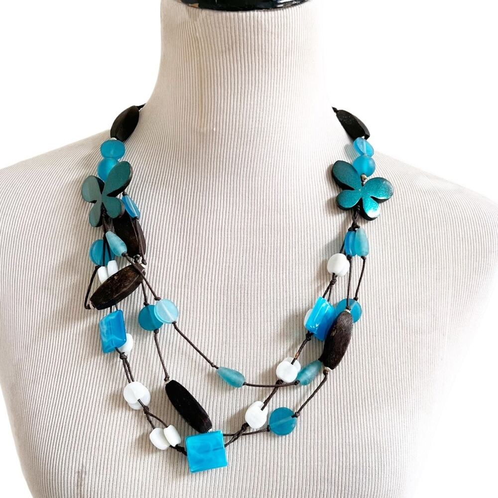 Butterfly Bohemian Three Strand Necklace Blue
